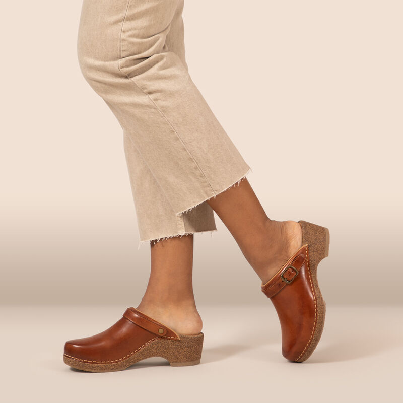 cognac genuine leather heel clog on foot